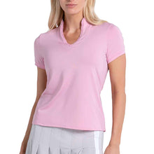 
                        
                          Load image into Gallery viewer, Lucky In Love Pleated Placket Womens SS Golf Polo - Paris Pink/XL
                        
                       - 4