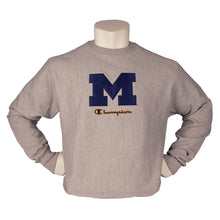 
                        
                          Load image into Gallery viewer, Champion UofM Rev Weave Mens Crewneck Sweatshirt - Grey Block M/XXL
                        
                       - 1