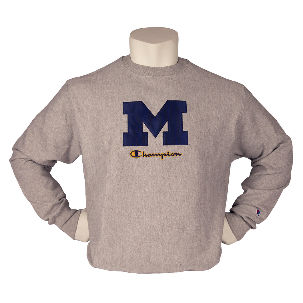 Champion UofM Rev Weave Mens Crewneck Sweatshirt - Grey Block M/XXL